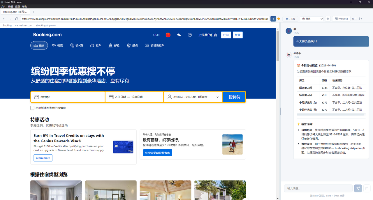 右侧 AI 助手回复今日房价概览和运营提醒